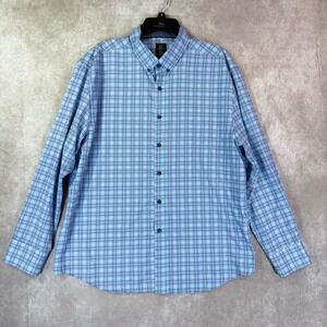 Michael Strahan Shirt Men XL Blue Plaid Slim Fit Stretch Long Sleeve Button Down